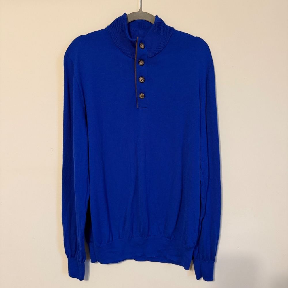 Polo Golf Ralph Lauren Men XL Blue Washable Merino Wool Button Mock Neck Sweater